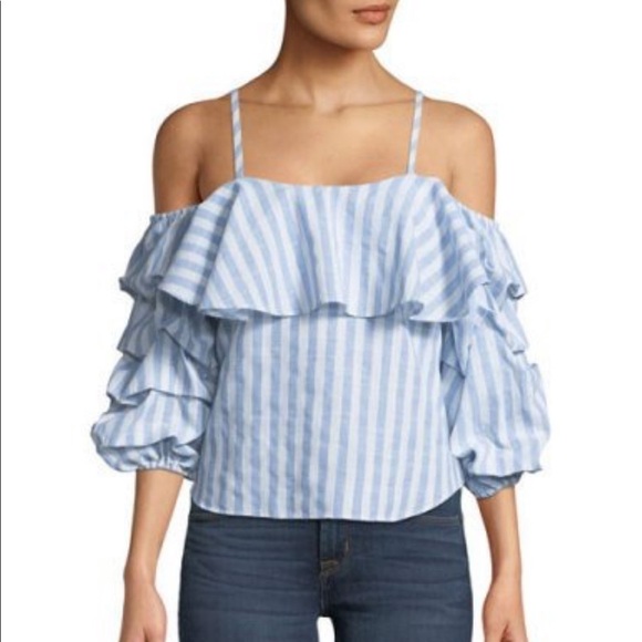 Neiman Marcus Cold Shoulder Ruffle Striped Top - Picture 1 of 2